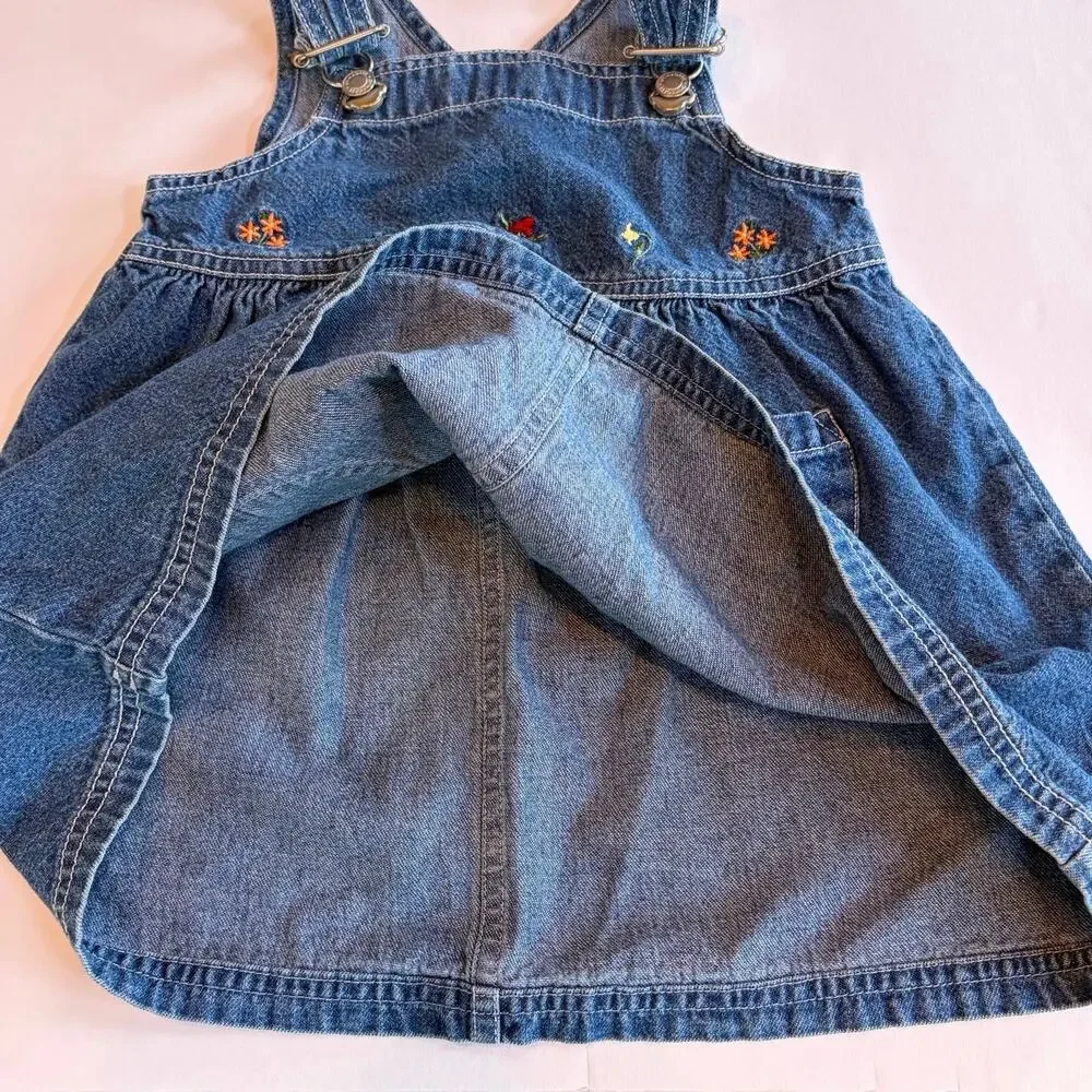 VTG 90s Gymboree Autumn Berries Blue Jean Denim Overall Dress Floral Embroidery
